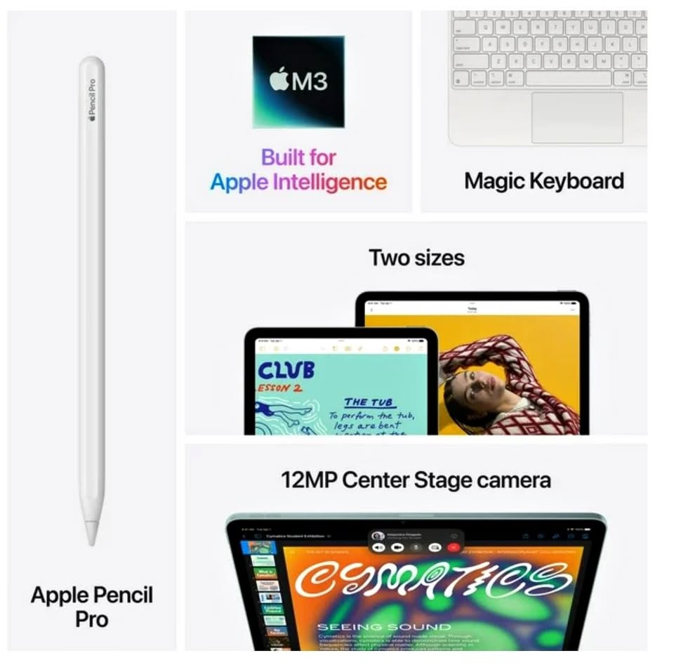 Promotional Graphic of apple product including a stylus, keyboard, and camera